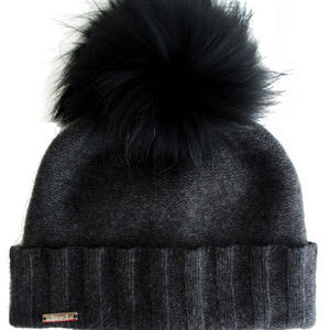 95% Cashmere 5% Merino Wool Hat with Raccoon Pom